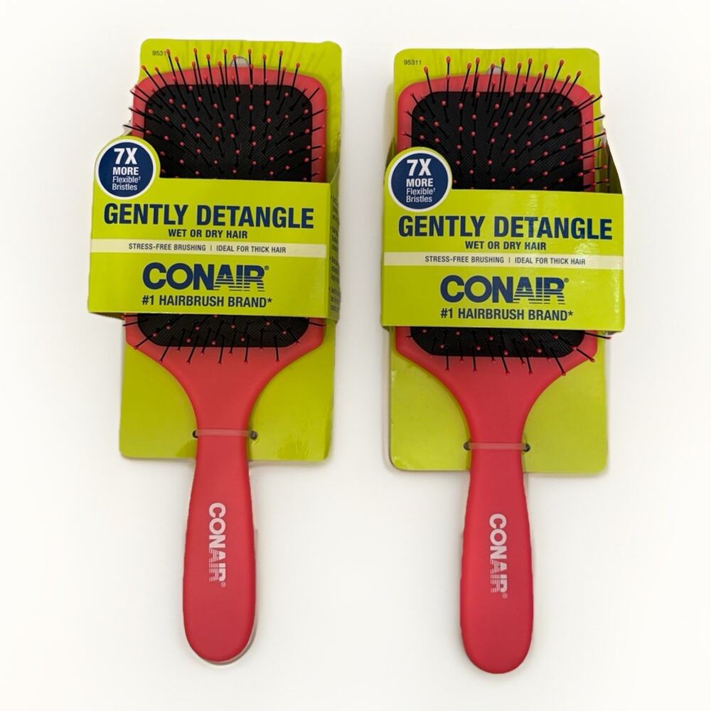 Conair Gently Detangle Paddle Brush Coral Pink Wet/Dry Thick Hair Lot 2 NEW